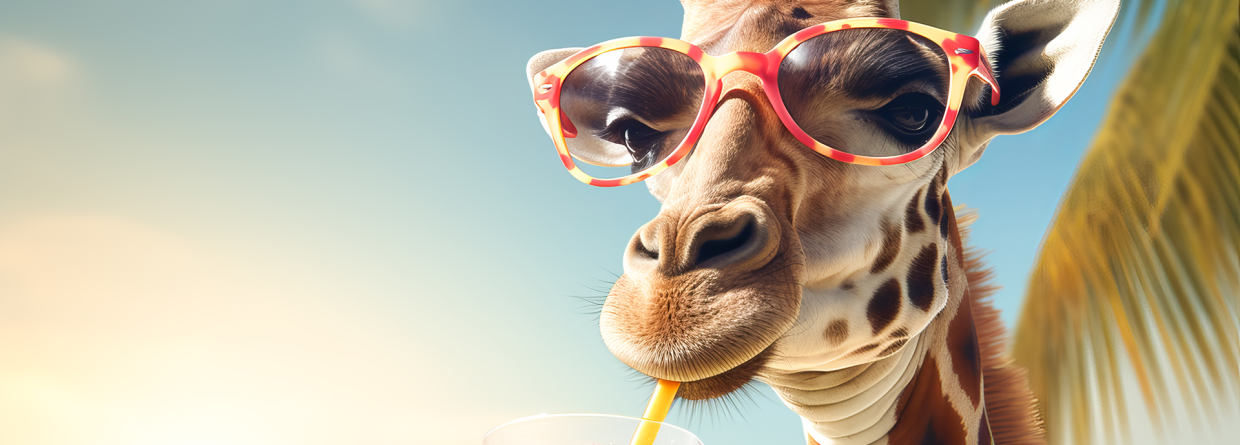 Giraffe met zonnebril drinkt een cocktail op een strand met palmboom