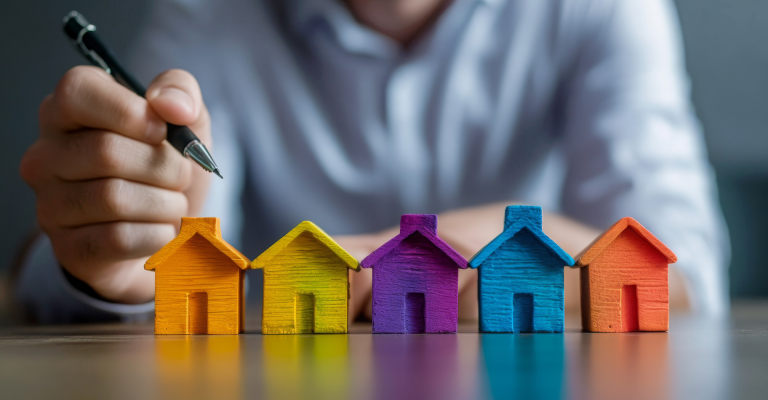 Man houdt pen vast en houdt hem boven gekleurde huisjes